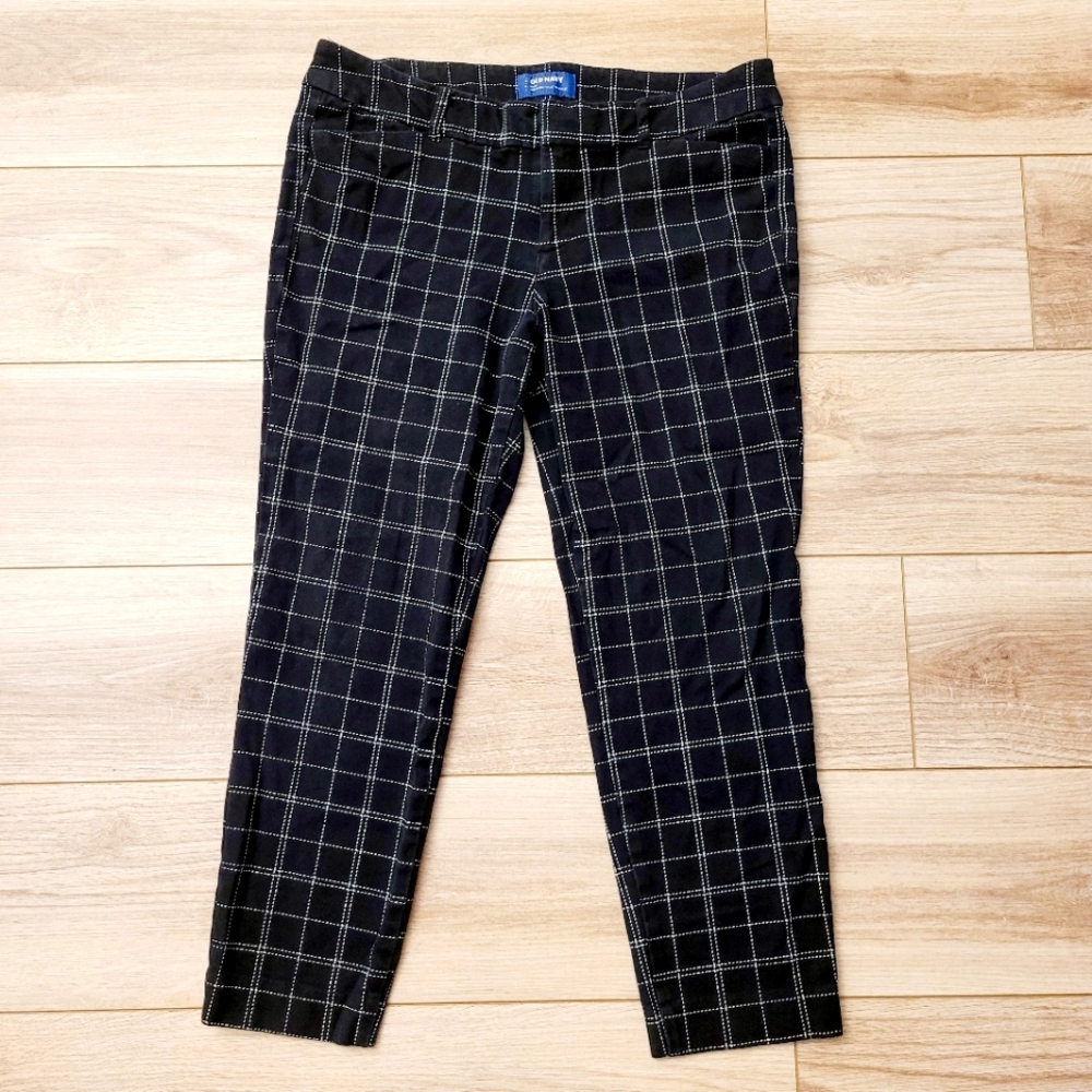 Old Navy Black and White Midrise Neutral Cotton Office Grid Pants 12 Regular